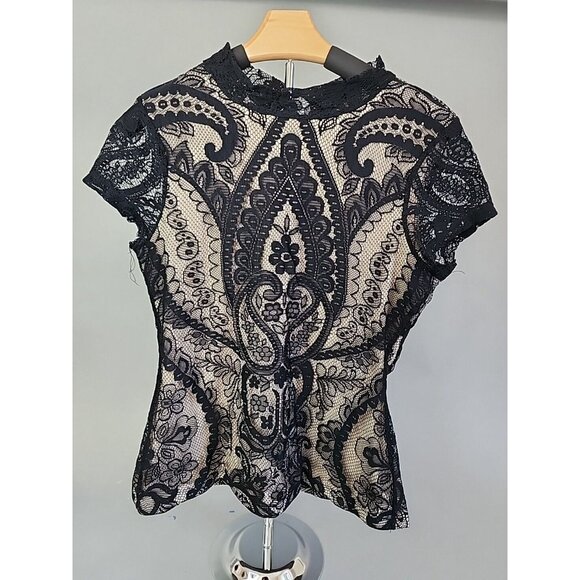 Liberty Love Top Size L black lace with beige underlay high neck cap sleeve y2k - Picture 5 of 8